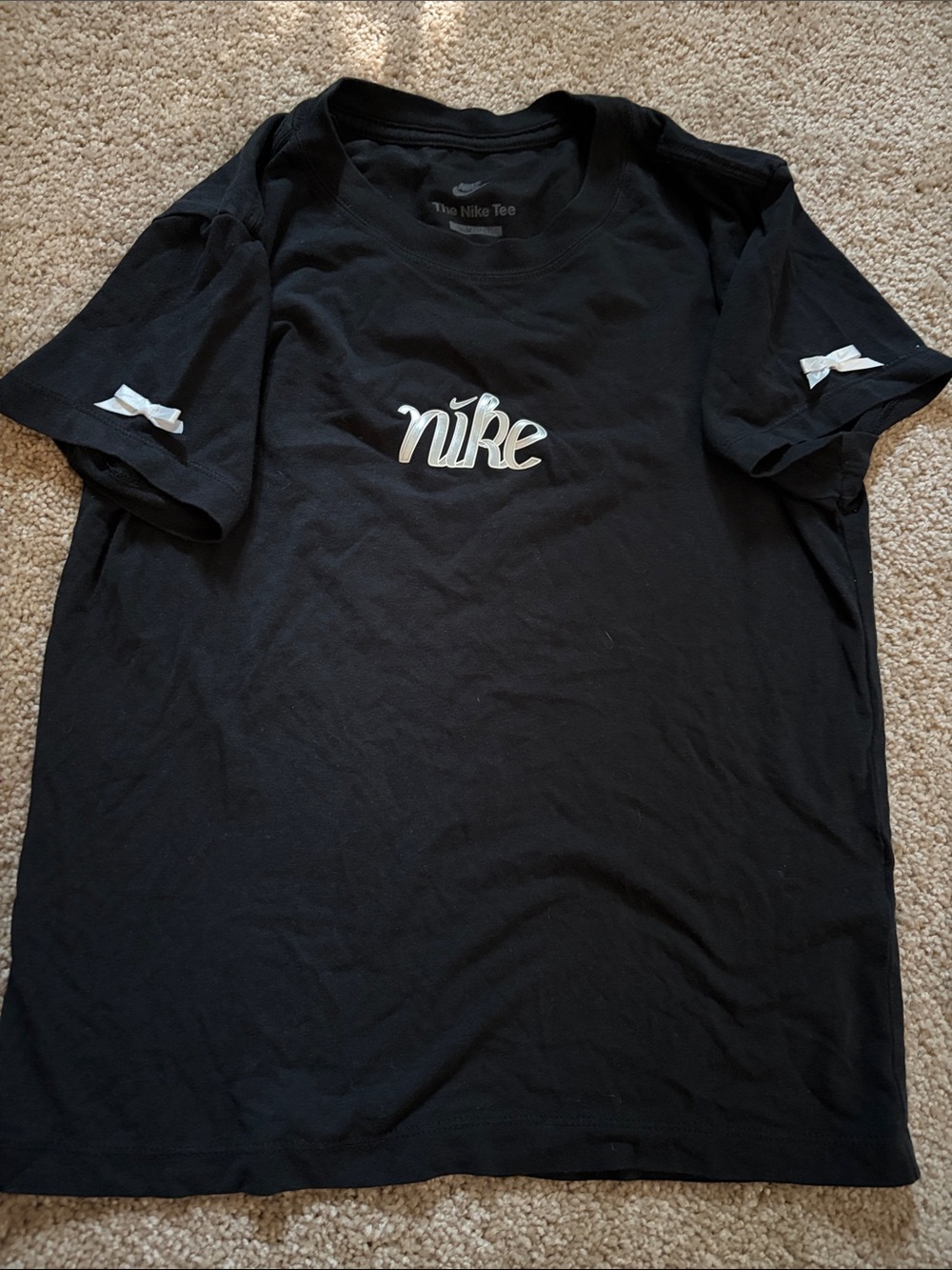 Nike Black Baby Tee with White Script Logo and Bows